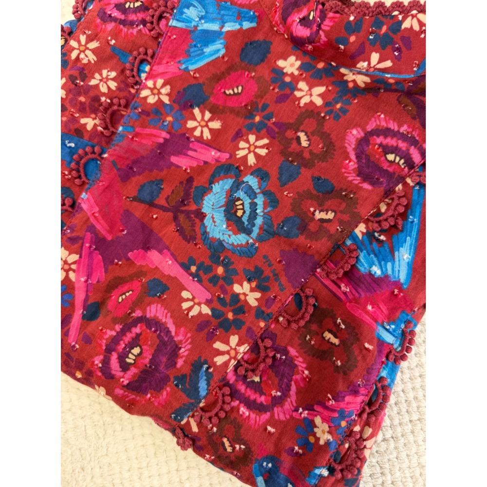 Farm Rio Burgundy Tropical Bird Floral Crochet Trim Cotton Blouse Top Medium